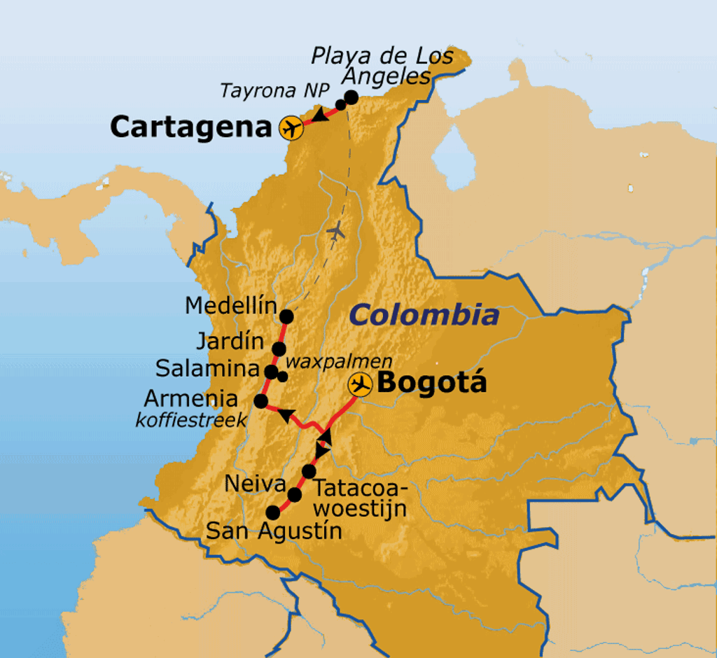 Routekaart Route Colombia met reisroute langs Bogotá, koffiestreek, Medellín, Cartagena en Tayrona NP.