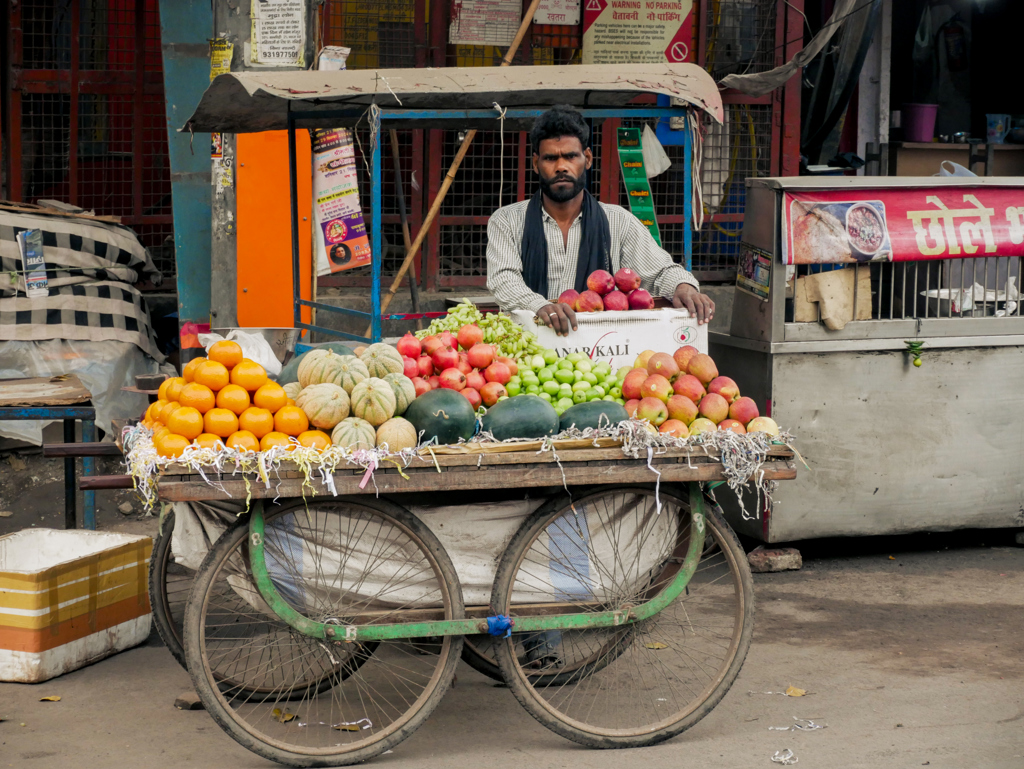 Straatverkoper met fruitkar vol mango’s, meloenen, druiven en sinaasappels tijdens een 22-35ers reis India.