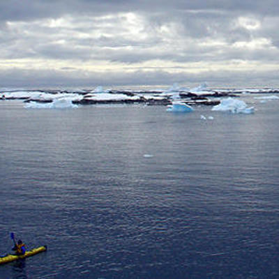 Kajakker op zee tussen ijsbergen tijdens de groepsrondreis Antarctica Crossing the Circle.