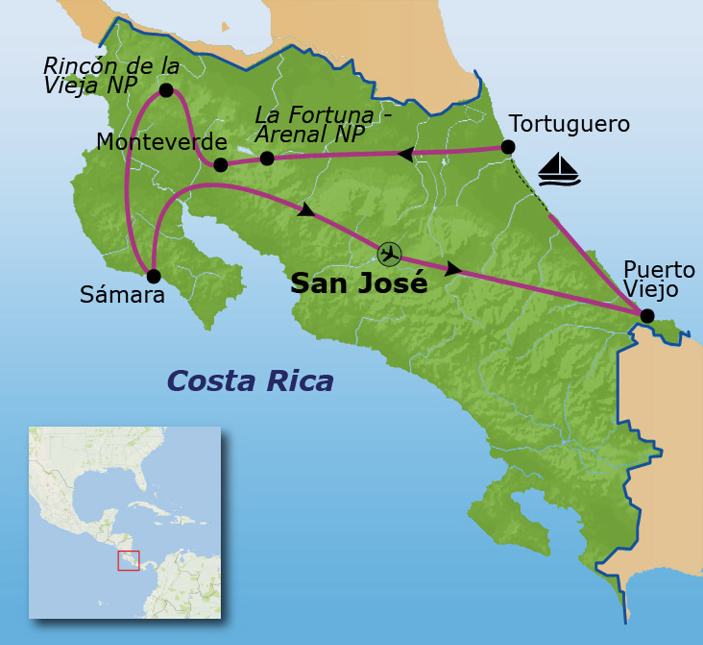 Routekaart Costa Rica met reisroute via San José, Monteverde, La Fortuna/Arenal NP, Tortuguero, Puerto Viejo en Sámara.