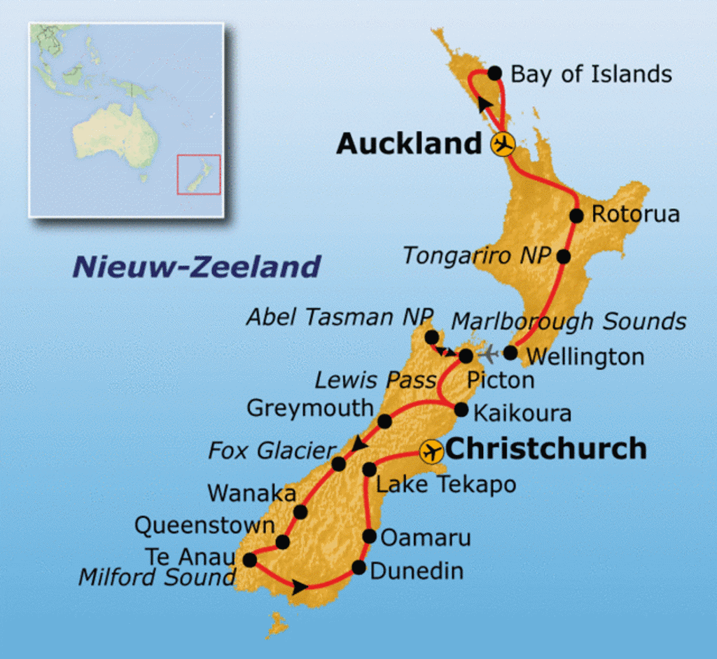 Routekaart Nieuw-Zeeland met reisroute langs o.a. Auckland, Rotorua, Wellington, Christchurch, Queenstown en Milford Sound.