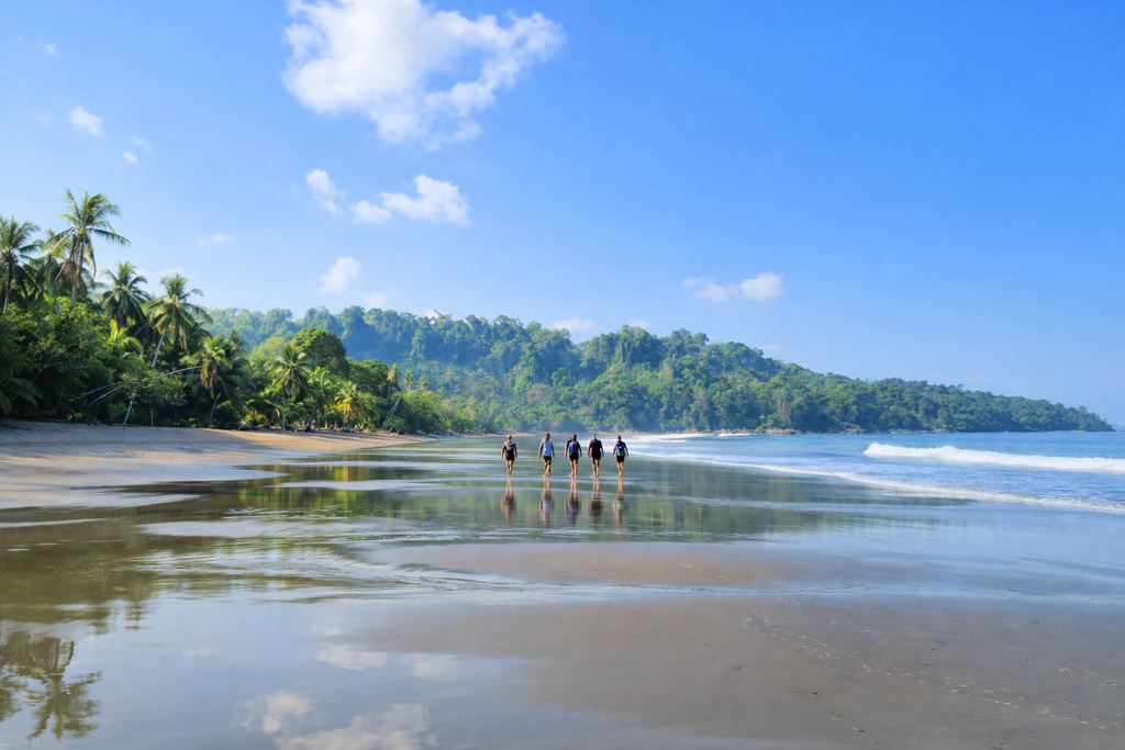Groep reizigers wandelt over een tropisch strand in Costa Rica tijdens een 22-35ers reis.