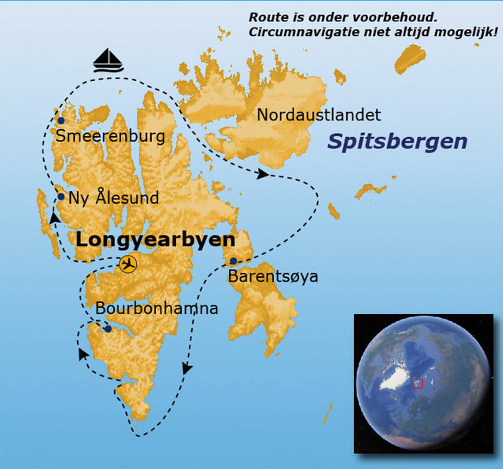 Routekaart Spitsbergen 15 dagen met vaarroute langs Longyearbyen, Ny Ålesund, Smeerenburg, Barentsøya en Nordaustlandet.