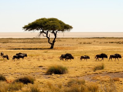 Gnoes trekken over de savanne in Etosha National Park, Namibië, met een acaciaboom op de achtergrond.