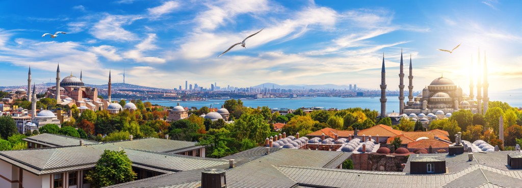 Panorama van Istanbul met de Hagia Sophia en de Blauwe Moskee aan de Bosporus.