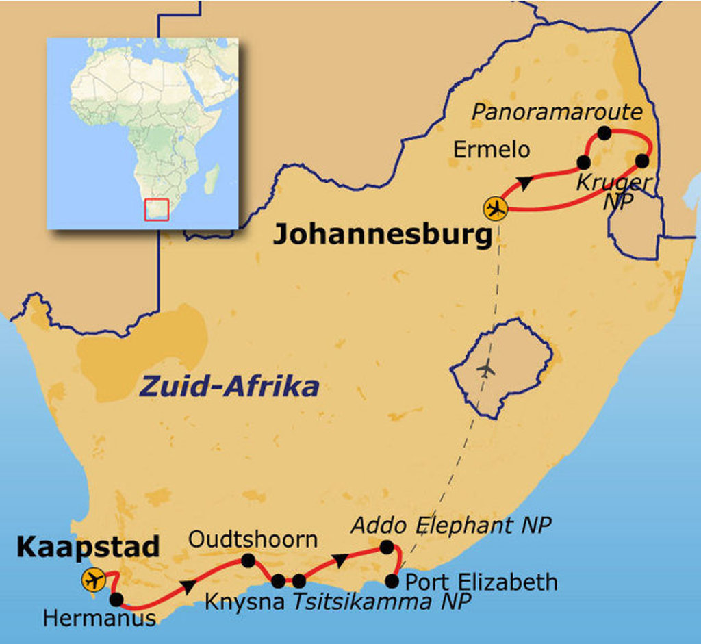 Routekaart Zuid-Afrika: Kaapstad naar Johannesburg via Tuinroute, Addo Elephant NP, Port Elizabeth en Kruger NP.