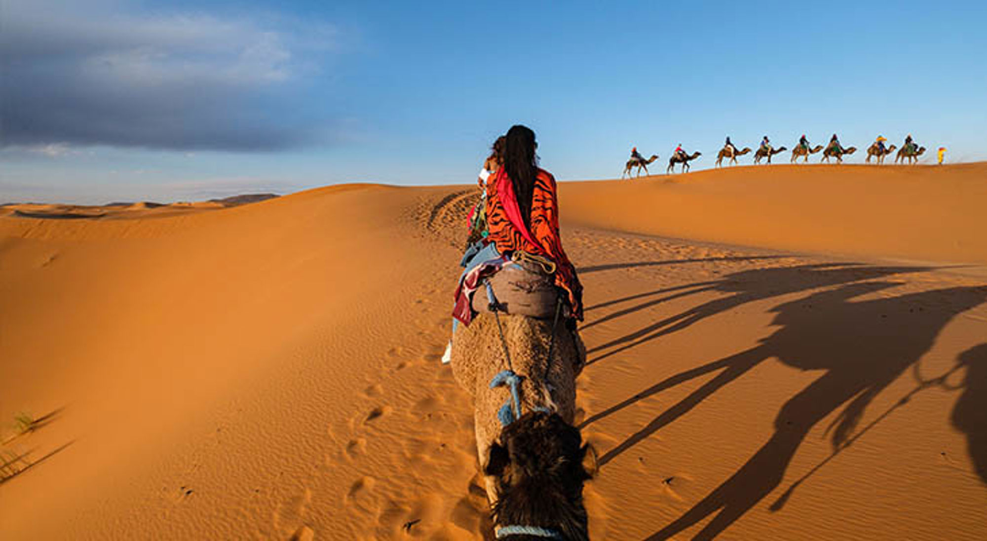 Kameeltocht door de zandduinen van de Sahara in Marokko bij zonsondergang.