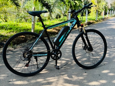 E-bike voor fietsreis in Sri Lanka op een rustige weg tussen palmbomen.
