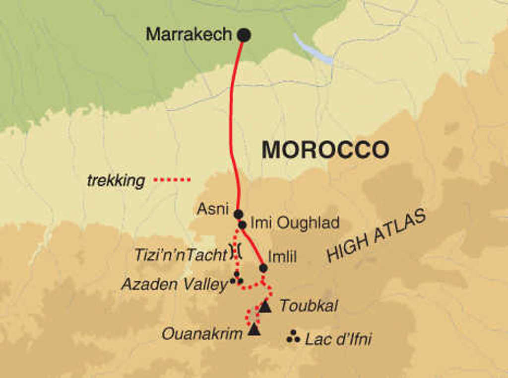 Routekaart Beklimming Mt. Toubkal vanuit Marrakech via Asni en Imlil, met trekking door de High Atlas.