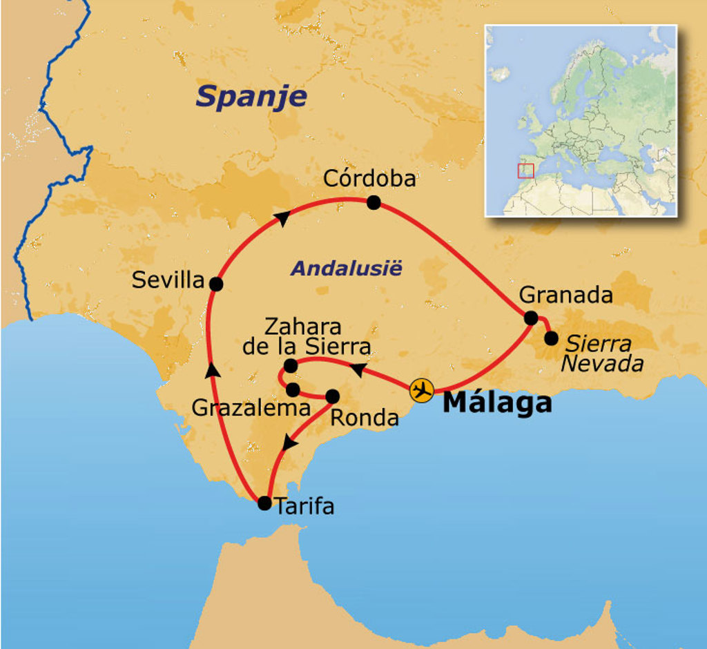 Routekaart 12-daagse groepsrondreis Andalusië: Málaga, Granada, Córdoba, Sevilla, Ronda, Tarifa, Grazalema, Zahara.