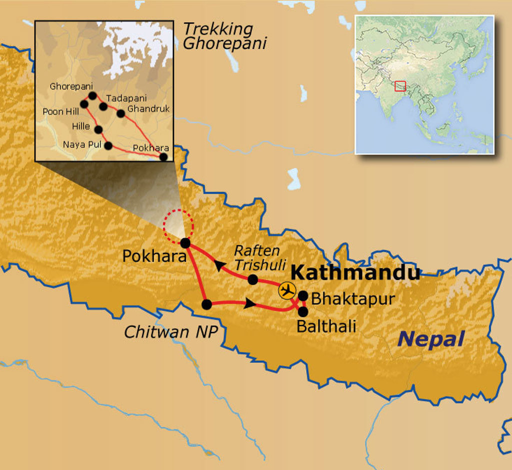 Routekaart Nepal met reisroute langs Kathmandu, Pokhara, Chitwan, Bhaktapur, rafting Trishuli en trekking Ghorepani.