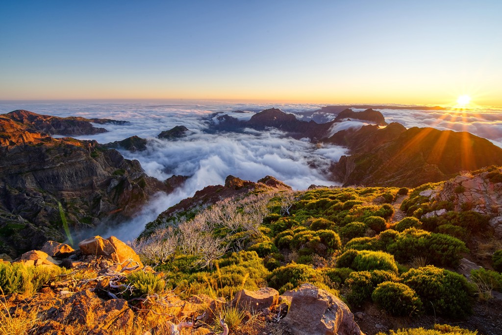 Zonsopkomst boven de bergtoppen van Madeira met een zee van wolken en ruig groen landschap.