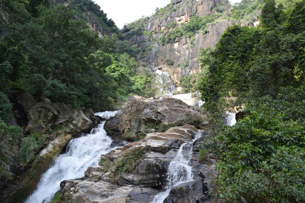 Waterval in groene bergen op Sri Lanka, een natuurhoogtepunt tijdens een familiereis.