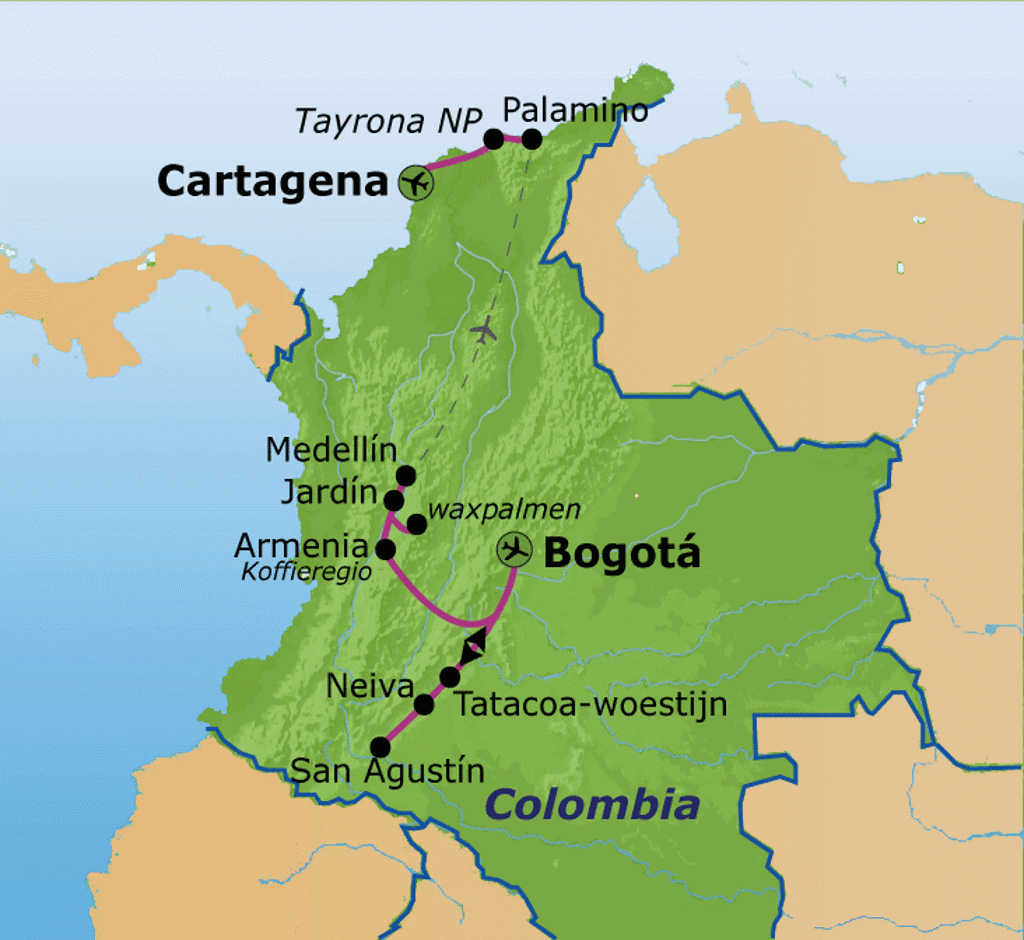 Route Colombia met Bogotá, Medellín, Jardín, koffieregio, Cartagena, Tayrona NP, Palomino, Neiva en San Agustín.