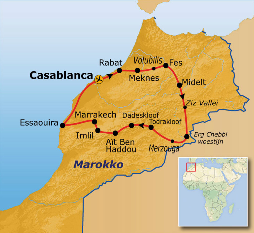 Routekaart Marokko 15 dagen met reisroute langs Casablanca, Rabat, Fes, Merzouga, Marrakech en Essaouira.
