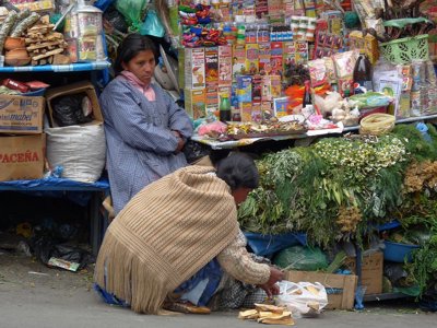 Marktkraam met kruiden en medicinale producten in Bolivia tijdens de 28-daagse route Argentinië, Bolivia en Peru.