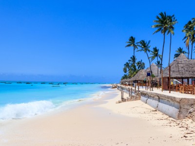 Zandstrand aan de Oost-Afrikaanse kust met palmbomen, rieten strandhutten en turquoise zee.