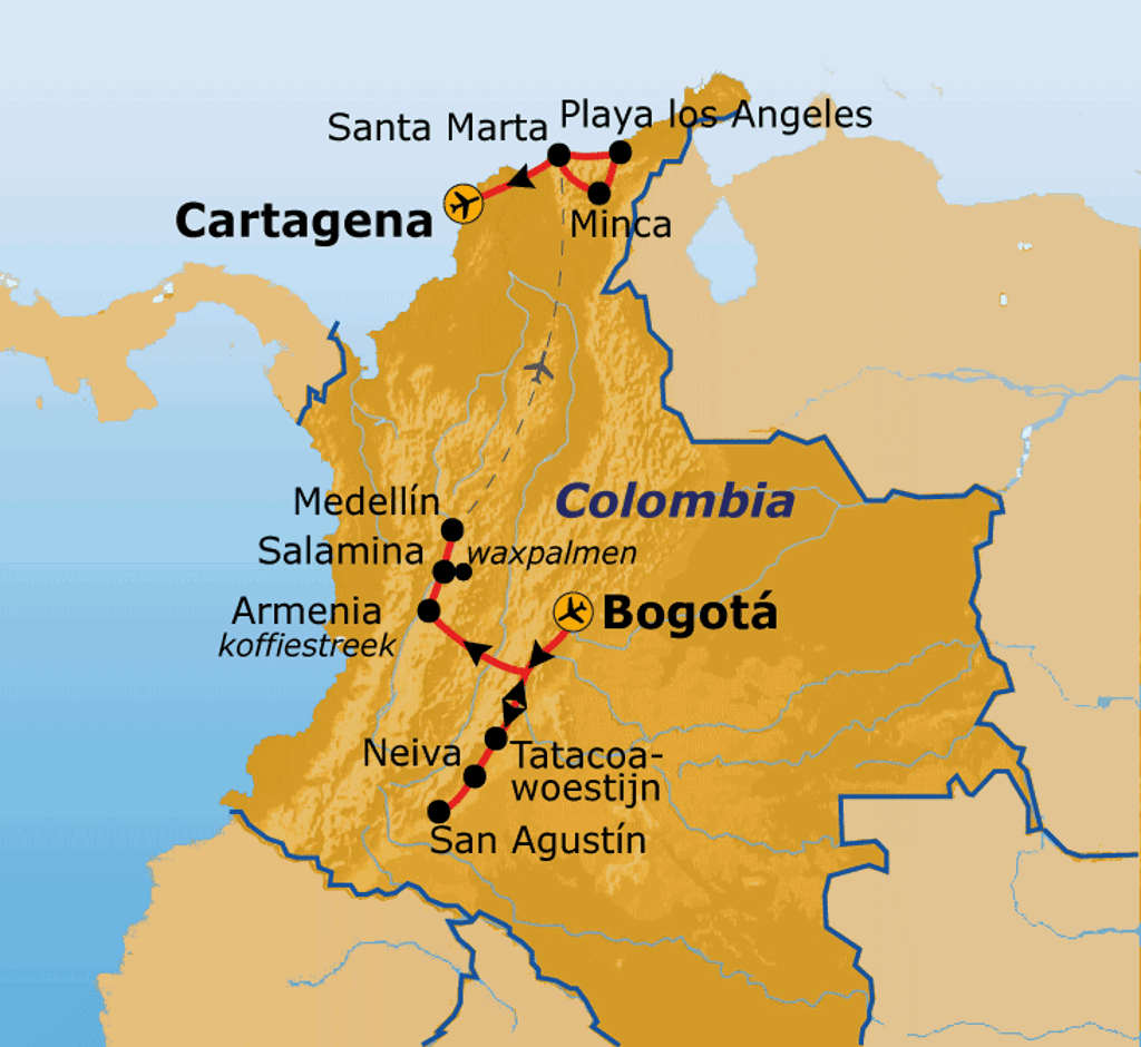 Routekaart Colombia met reisroute langs Bogotá, Medellín, Cartagena, Santa Marta, Minca en San Agustín.