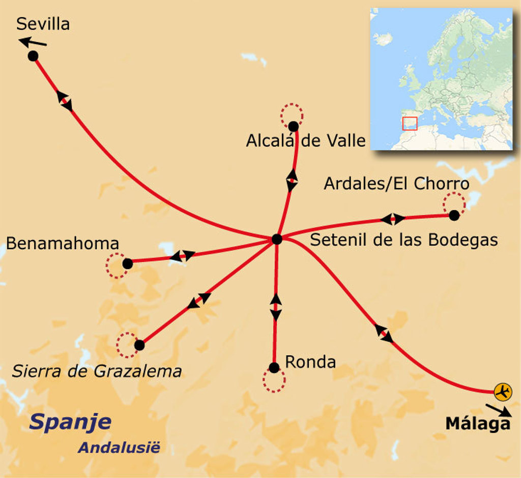 Routekaart Andalusië met wandelroute langs Málaga, Ronda, Setenil de las Bodegas, Ardales/El Chorro en Sevilla.