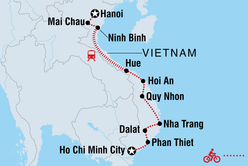Routekaart Vietnam 17 dagen met reisroute van Hanoi via Hue en Hoi An naar Ho Chi Minh City.