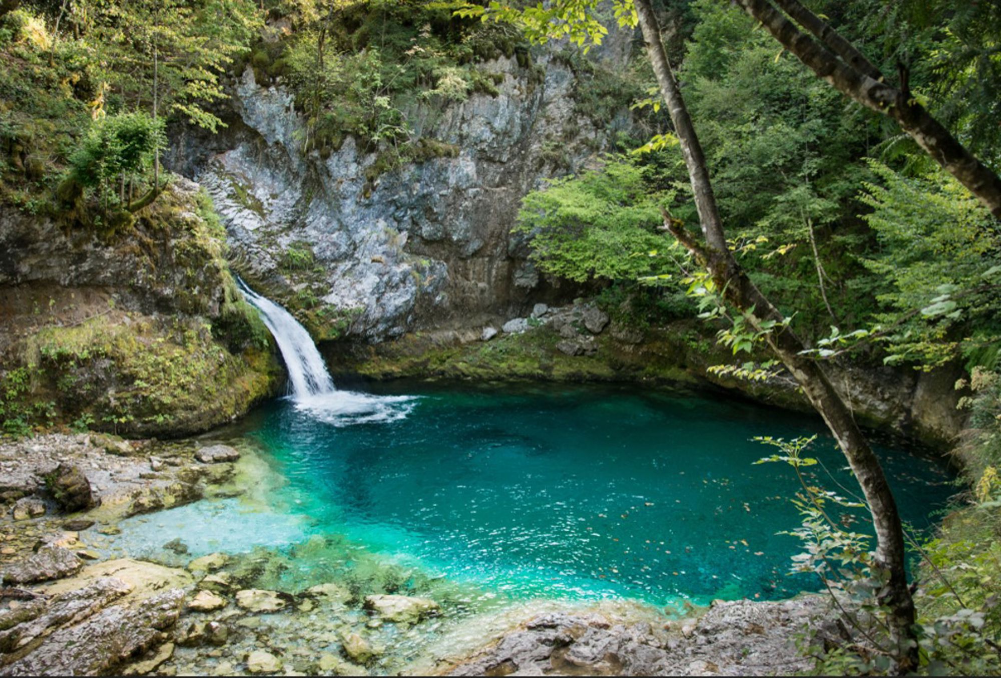 Waterval in een turquoise bergmeer, omringd door rotsen en groen bos in Albanië.
