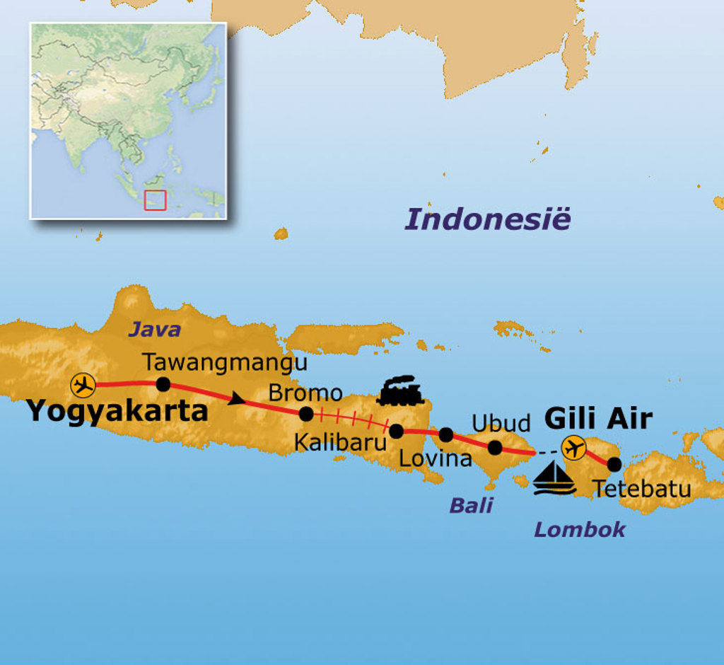 Routekaart Java, Bali, Lombok en Gili Air met reisroute langs Yogyakarta, Bromo, Ubud en Tetebatu.