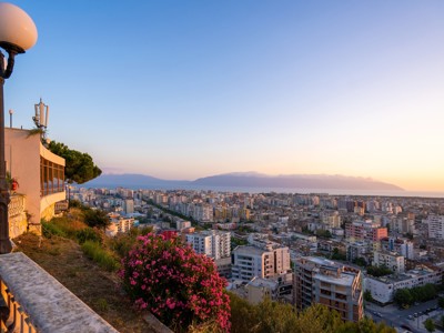 Panorama over Tirana bij zonsondergang, met stadsgebouwen, bergen op de achtergrond en bloemen op de voorgrond.