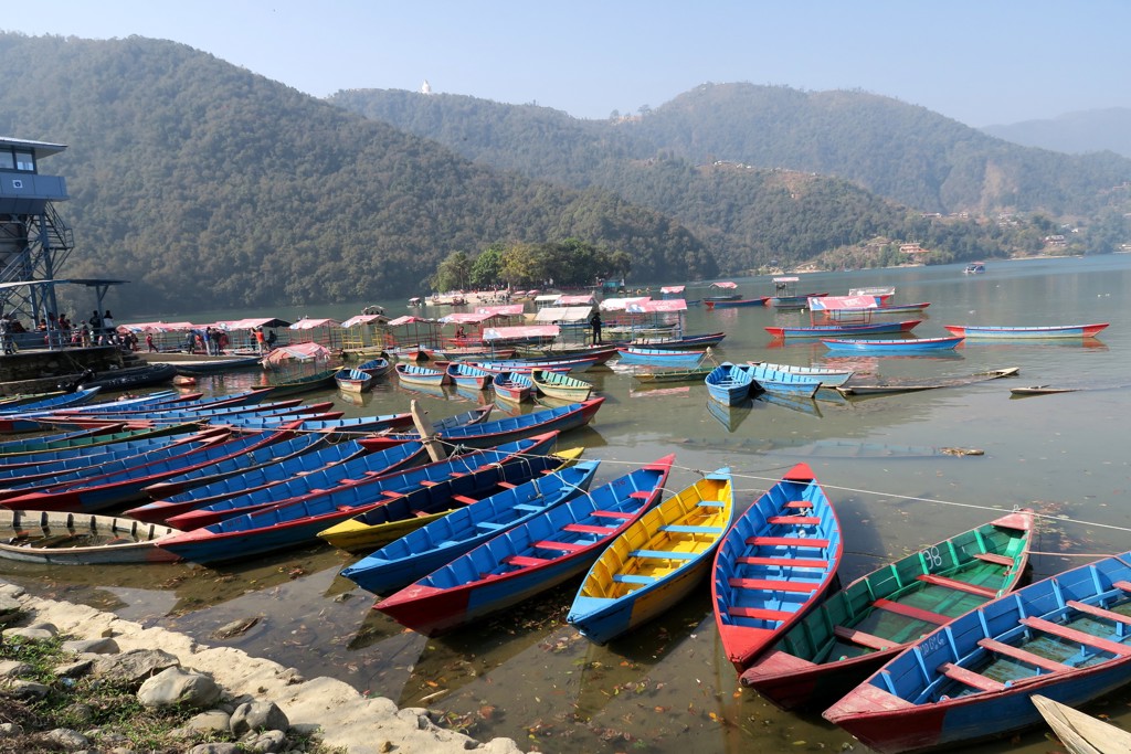 Kleurrijke roeiboten aan de oever van Phewa Lake in Pokhara, met groene heuvels op de achtergrond.
