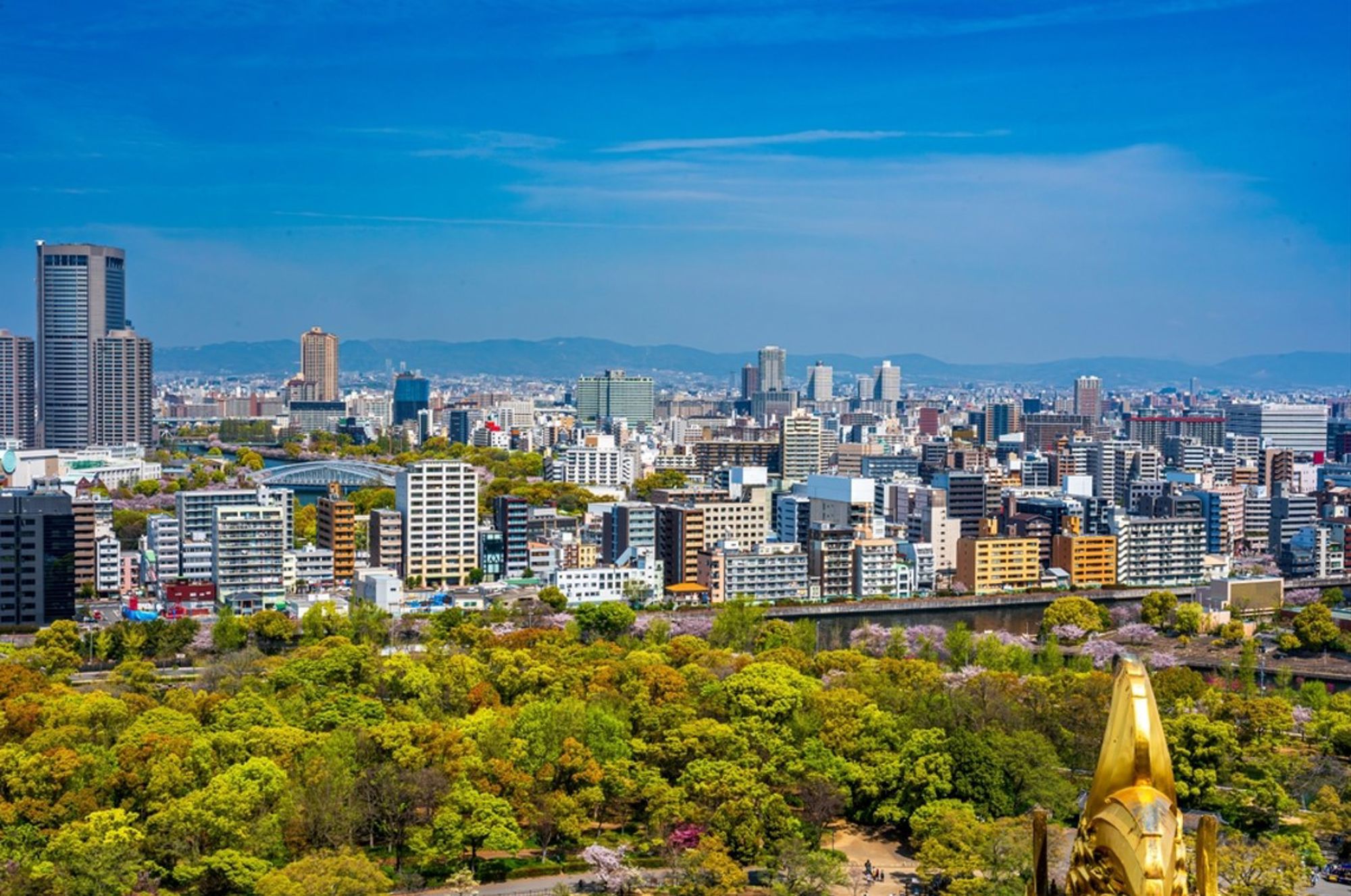 Skyline van Osaka met kasteelpark en groene bomen op de voorgrond onder een blauwe lucht.