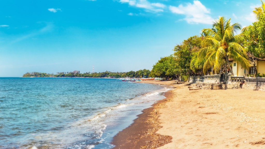 Rustig zandstrand met palmbomen en kalme zee tijdens de Route Java en Bali.