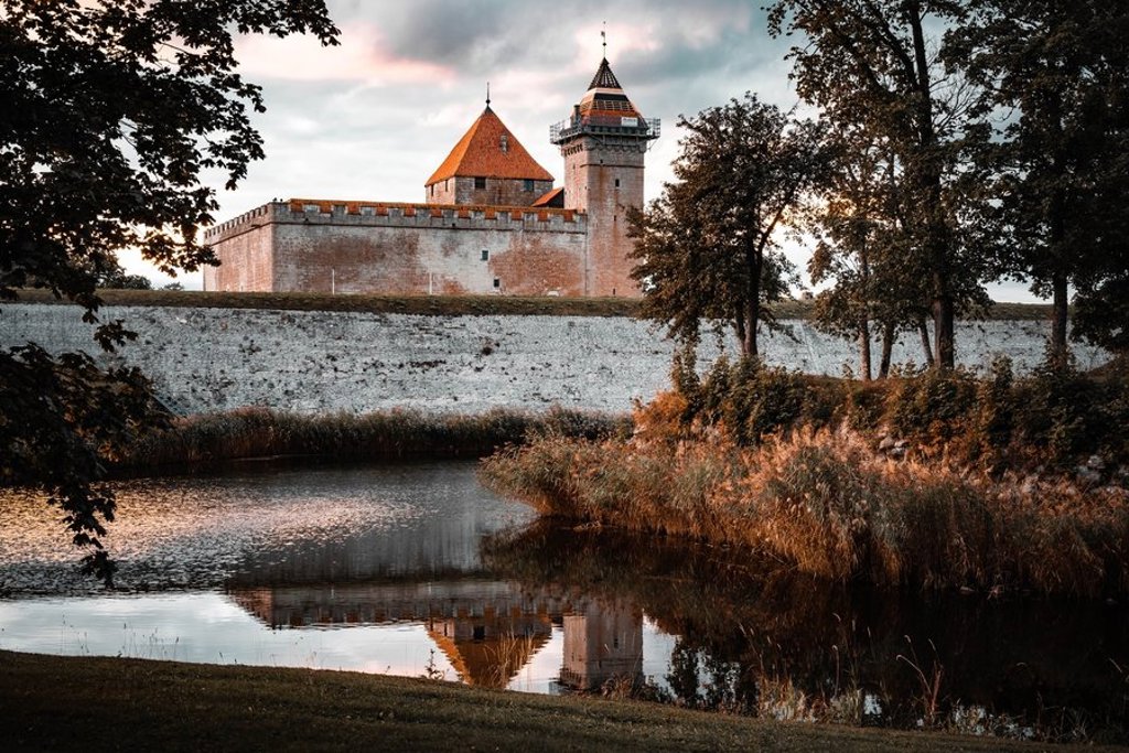 Middeleeuwse kerktorens van de oude binnenstad van Tallinn, Estland, tussen groene bomen.