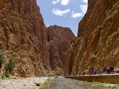 Todra-kloof in Marokko met hoge rotswanden, rivier en kleurrijke marktstalletjes langs de route.