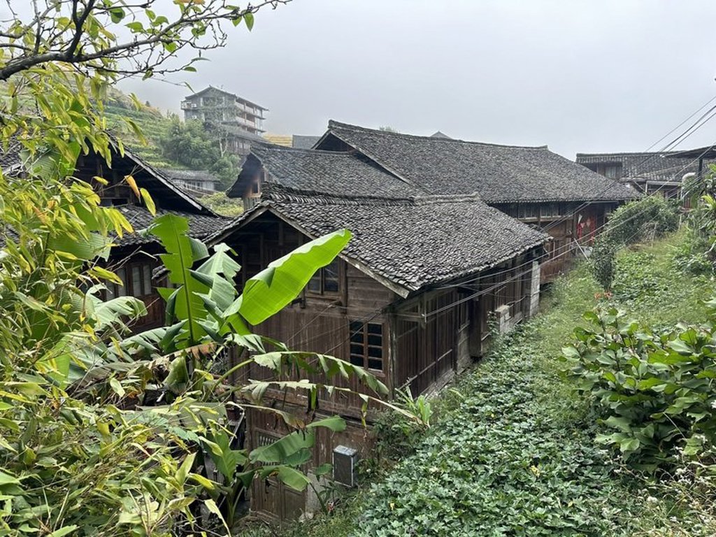 Traditionele houten huizen in een bergdorp in China tijdens een groepsrondreis, omringd door groen.
