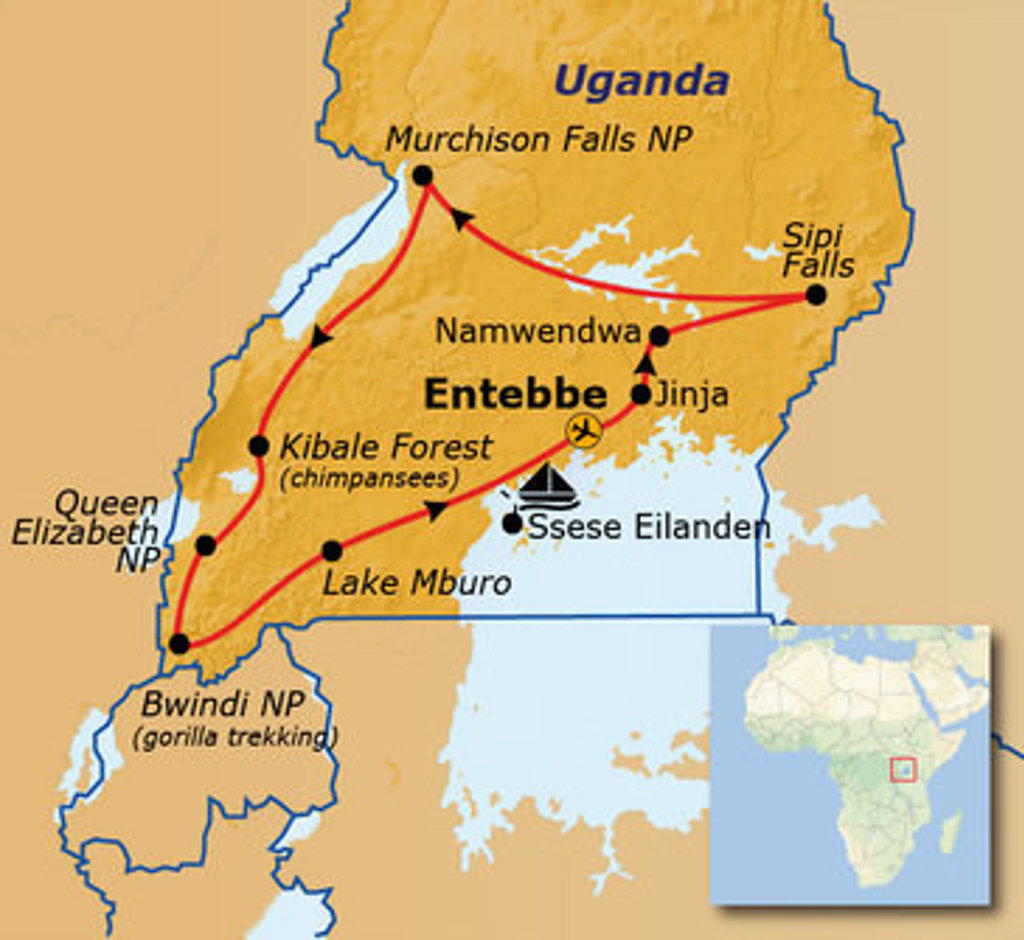 Routekaart Oeganda met reisroute via Entebbe, Jinja, Sipi Falls, Murchison Falls, Kibale, Queen Elizabeth en Bwindi.