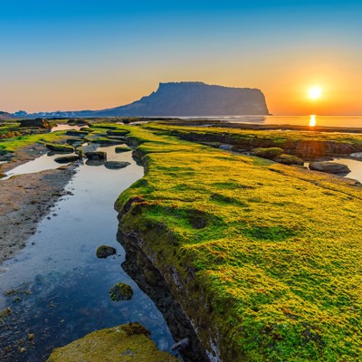 Zonsopgang bij Seongsan Ilchulbong op Jeju-eiland, met groene kustrotsen en getijdenpoelen in Zuid-Korea.