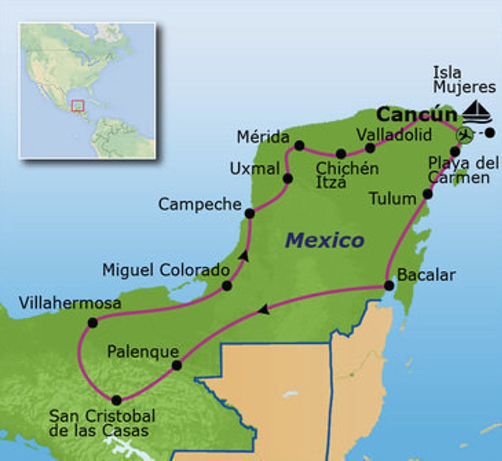 Routekaart Mexico met reisroute langs Cancún, Mérida, Chichén Itzá, Palenque, San Cristobal en Bacalar.