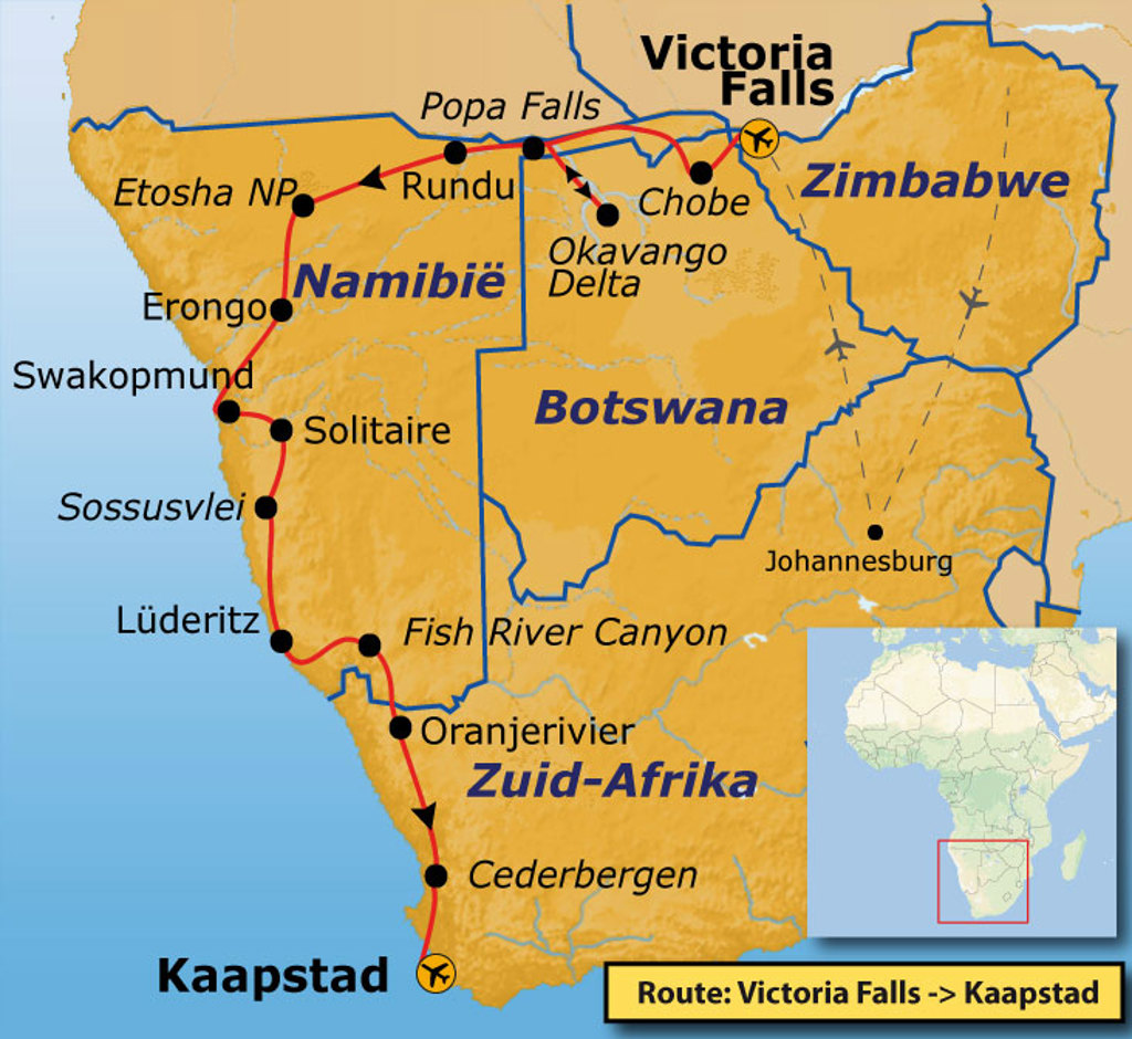 Routekaart Victoria Falls–Kaapstad via Zimbabwe, Botswana en Namibië, met stops bij Chobe en Etosha NP.