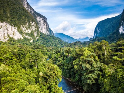 Groen regenwoud met rivier en steile kalkstenen kliffen op de Route Maleisisch Borneo.