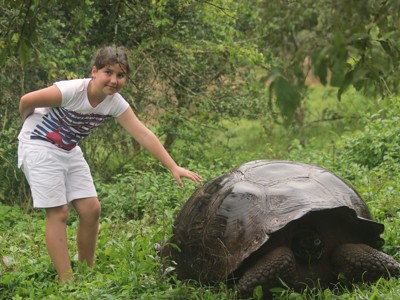 Meisje bekijkt een reuzenschildpad in het groen op de Galapagos-eilanden, Ecuador.