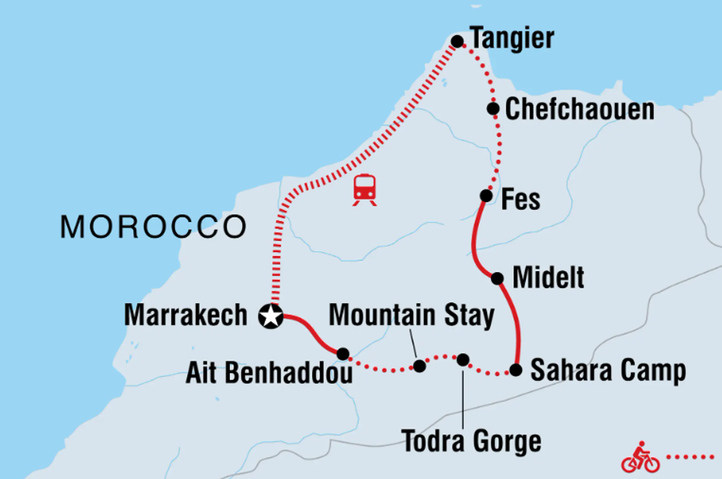 Routekaart 14-daagse fietsreis Marokko met traject Tangier, Chefchaouen, Fes, Midelt, Sahara Camp en Marrakech.
