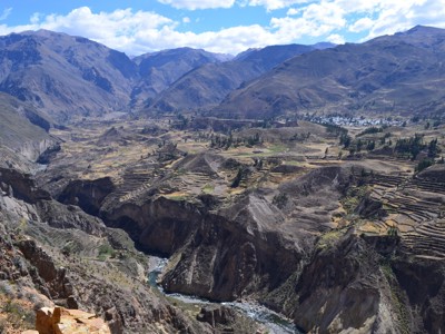 Uitzicht over de Colca Canyon met terrassen en rivier in de Andes tijdens de Route Peru.