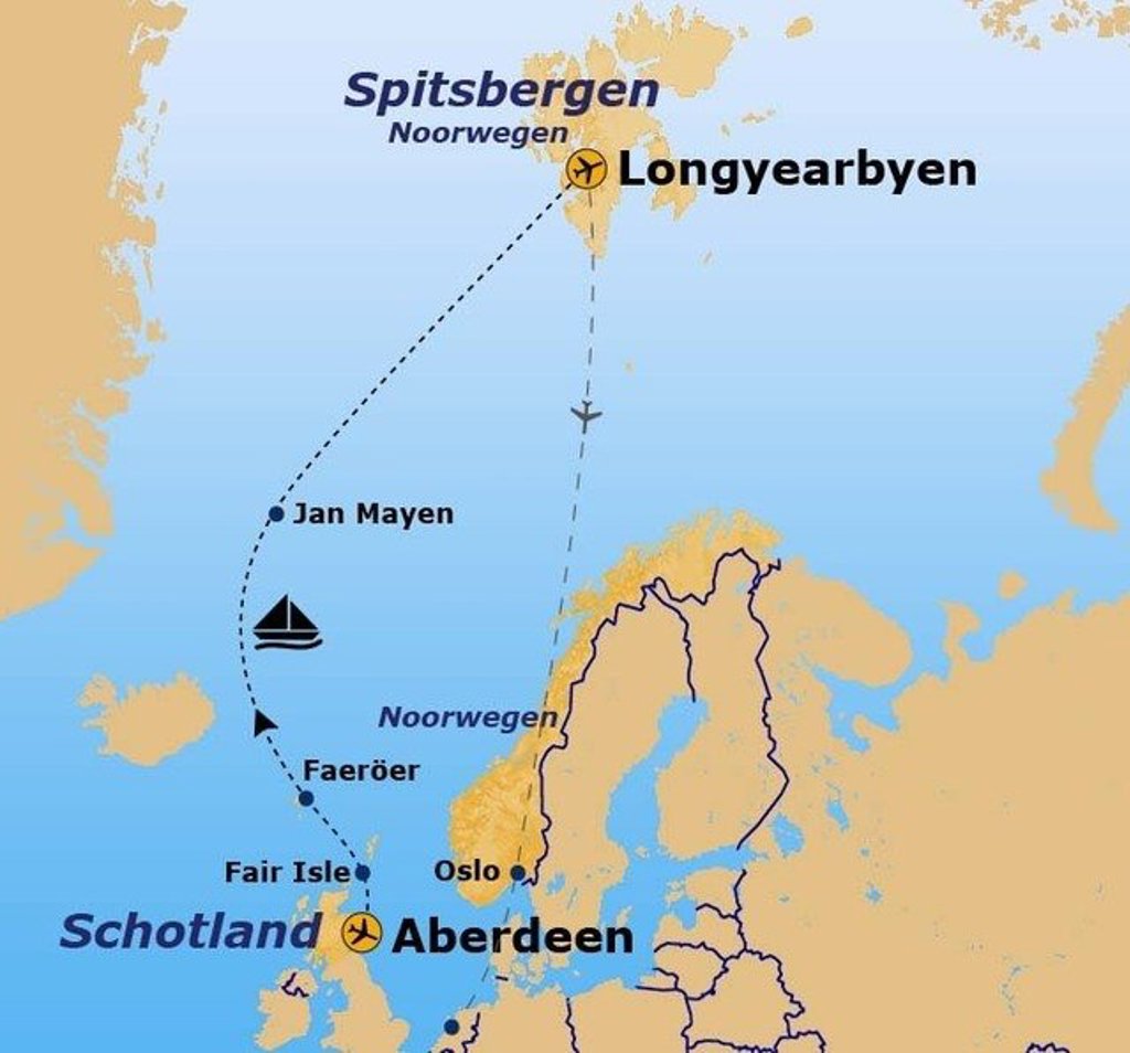Routekaart van Aberdeen naar Spitsbergen met tussenstop in Longyearbyen en Noordwegen.