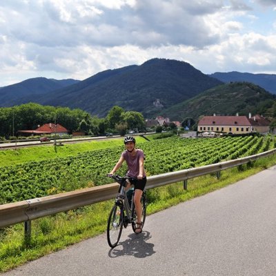 Uitzicht op de heuvels en wijngaarden langs de route van Praag naar Wenen tijdens een fietsvakantie.