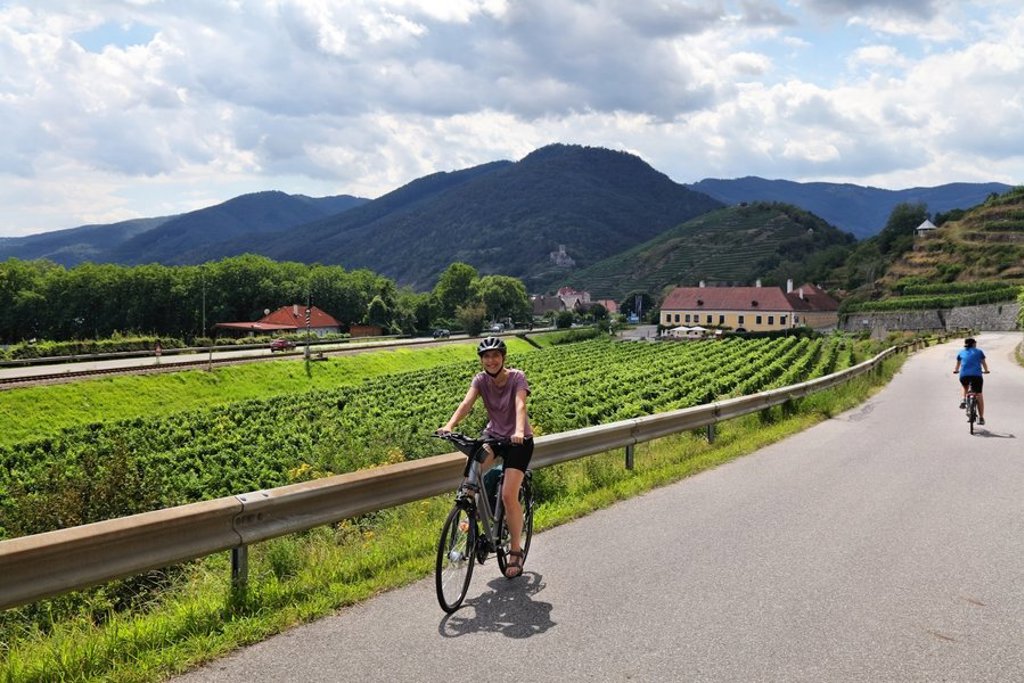 Uitzicht op de heuvels en wijngaarden langs de route van Praag naar Wenen tijdens een fietsvakantie.