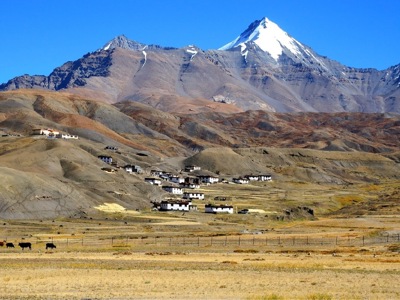 Dorp in de Spiti-vallei met besneeuwde bergtoppen op de achtergrond tijdens Route Spiti & Ladakh.