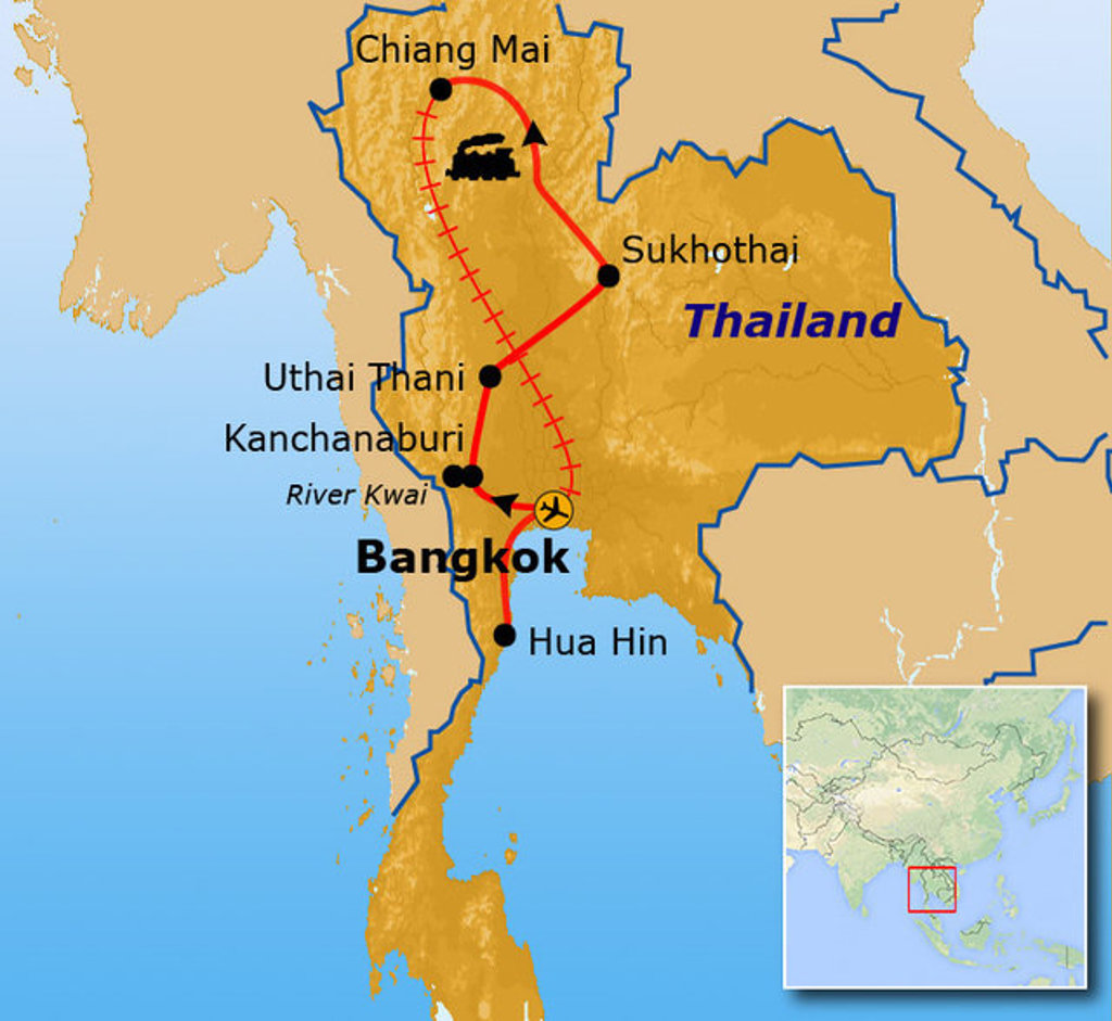 Routekaart Thailand met reisroute via Bangkok, Kanchanaburi, Uthai Thani, Sukhothai en Chiang Mai.
