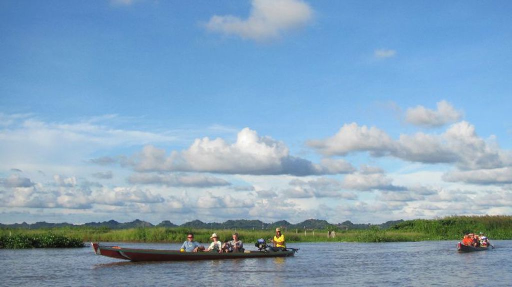 Groepsrondreis Sulawesi: boottocht over een brede rivier langs groen rietlandschap onder een blauwe lucht.