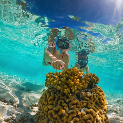 Snorkelaars bekijken koraal en tropische vissen in helderblauw water bij de Malediven tijdens een familiereis.