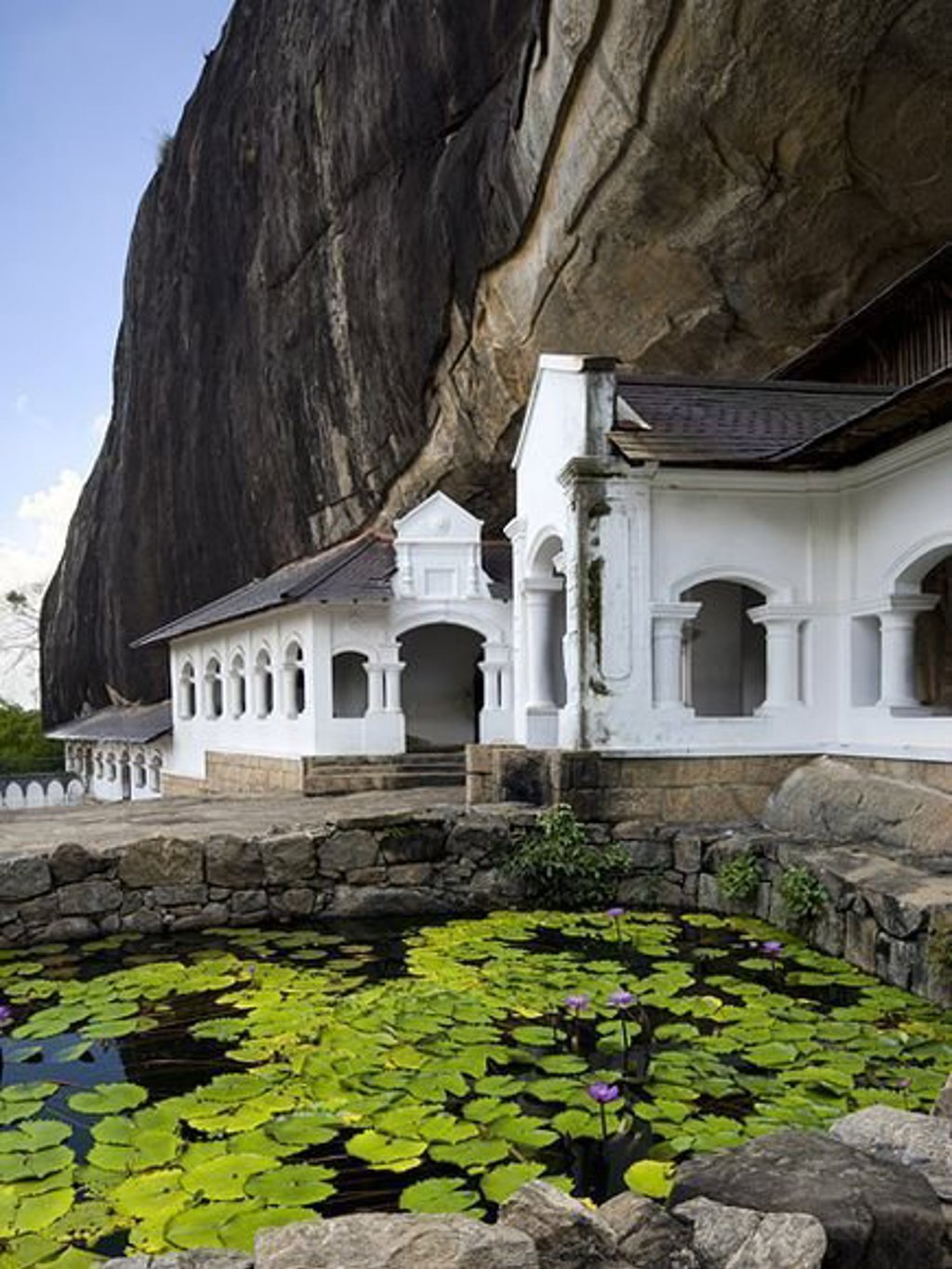 Rotstempelcomplex Dambulla in Sri Lanka met wit tempelgebouw en vijver met waterlelies.