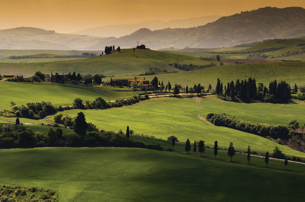 Groene heuvels en cipressen in Toscane bij zonsondergang, ideaal decor voor een fietsvakantie.